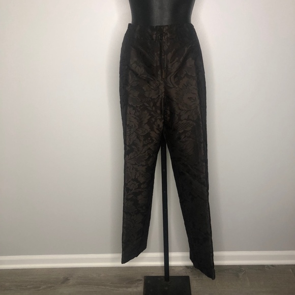 Oscar De La Renta Brown Floral Print Brocade Trousers Size 12 USA